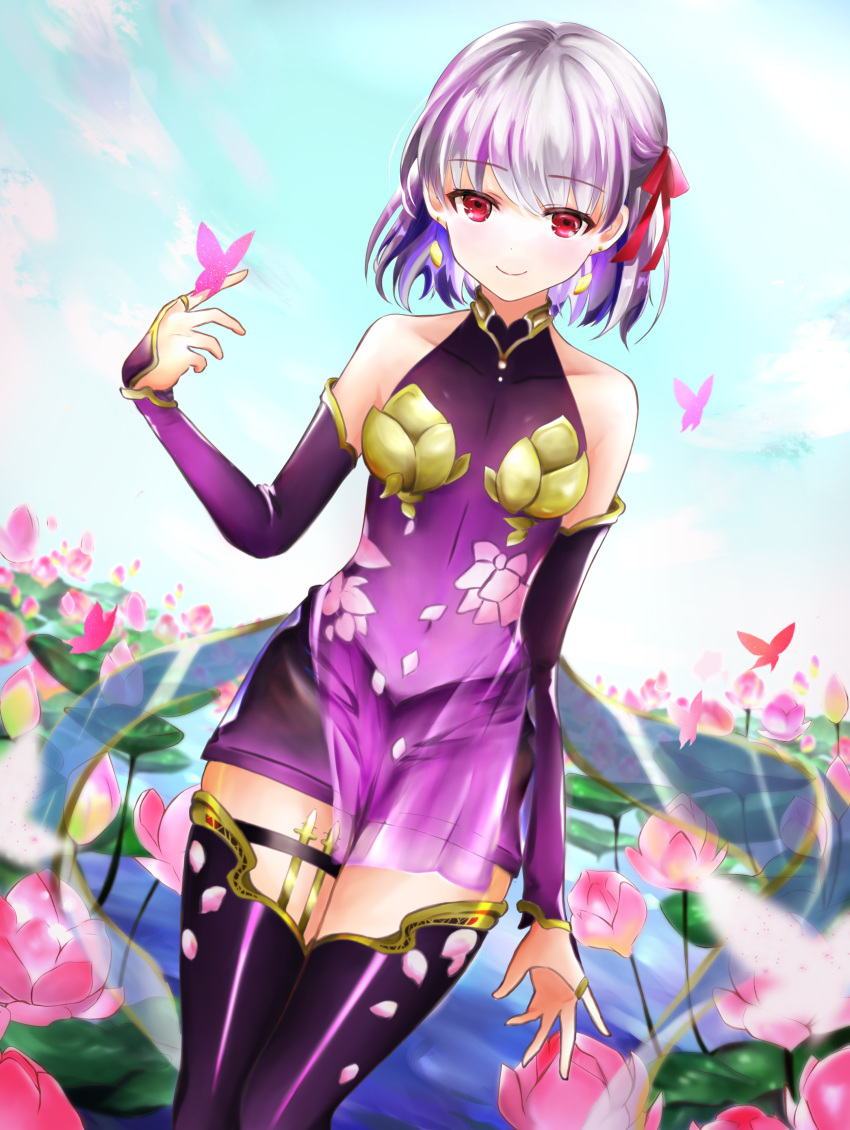 1girl absurdres arm_at_side bangs bare_shoulders blue_sky breasts bug butterfly butterfly_on_finger closed_mouth clouds covered_collarbone day detached_sleeves earrings eyebrows_visible_through_hair fate/grand_order fate_(series) flower hair_ribbon hand_up highres huge_filesize insect jewelry kama_(fate/grand_order) legs_together lily_pad long_sleeves lotus multicolored_hair outdoors pink_flower purple_hair purple_legwear red_eyes red_ribbon ribbon ring see-through shiki_kayanotani short_hair sky small_breasts smile thigh-highs thigh_strap two-tone_hair white_hair