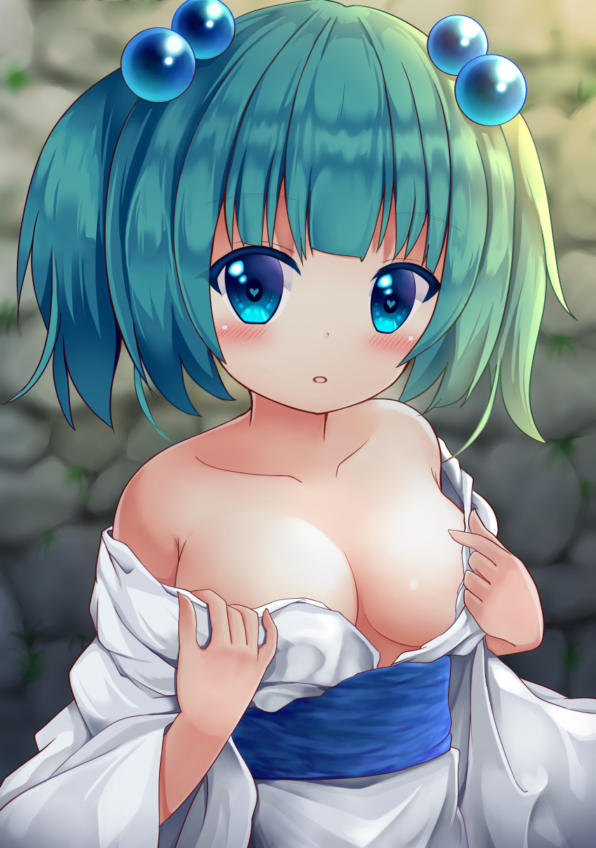 1girl absurdres bangs bare_shoulders blue_eyes blue_sash blush breasts collarbone commentary_request eyebrows_visible_through_hair green_hair hair_bobbles hair_ornament heart heart-shaped_pupils highres japanese_clothes kimono kisume long_sleeves looking_at_viewer medium_breasts off_shoulder parted_lips sash short_hair solo suigetsu_(watermoon-910) symbol-shaped_pupils touhou twintails upper_body white_kimono wide_sleeves