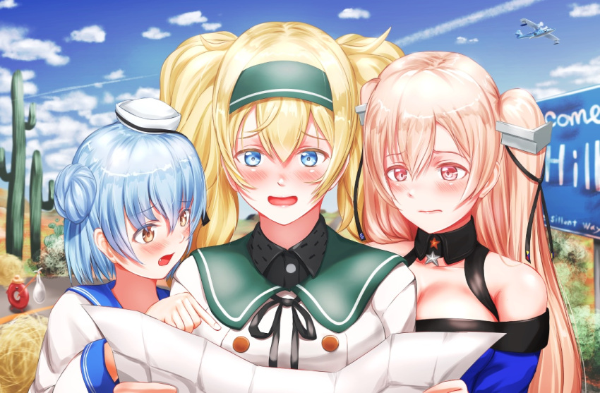 3girls aircraft airplane bangs bare_shoulders blonde_hair blue_eyes blue_hair breasts bush cactus cleavage clouds collar collarbone commentary_request desert dixie_cup_hat double_bun enemy_lifebuoy_(kantai_collection) english_text eyebrows_visible_through_hair fang gambier_bay_(kantai_collection) hat johnston_(kantai_collection) kantai_collection long_hair map military_hat multiple_girls open_mouth plant pointing road sabakuomoto samuel_b._roberts_(kantai_collection) short_hair sign sky star tumbleweed twintails vehicle_request yellow_eyes