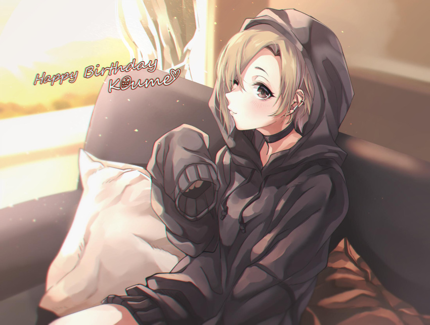 1girl blush brown_eyes character_name choker commentary couch ear_piercing earrings eyelashes hair_over_one_eye happy_birthday highres hood hoodie idolmaster idolmaster_cinderella_girls jewelry light_particles looking_at_viewer one_eye_closed piercing pillow shirasaka_koume short_hair sitting sleeves_past_fingers sleeves_past_wrists smile solo sunlight tdnd-96