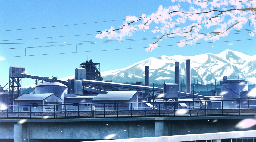 blue_sky cherry_blossoms city cityscape day factory gensuke_(ryun) highres motion_blur mountain no_humans original outdoors petals power_lines railing railroad_tracks scenery sky tree_branch