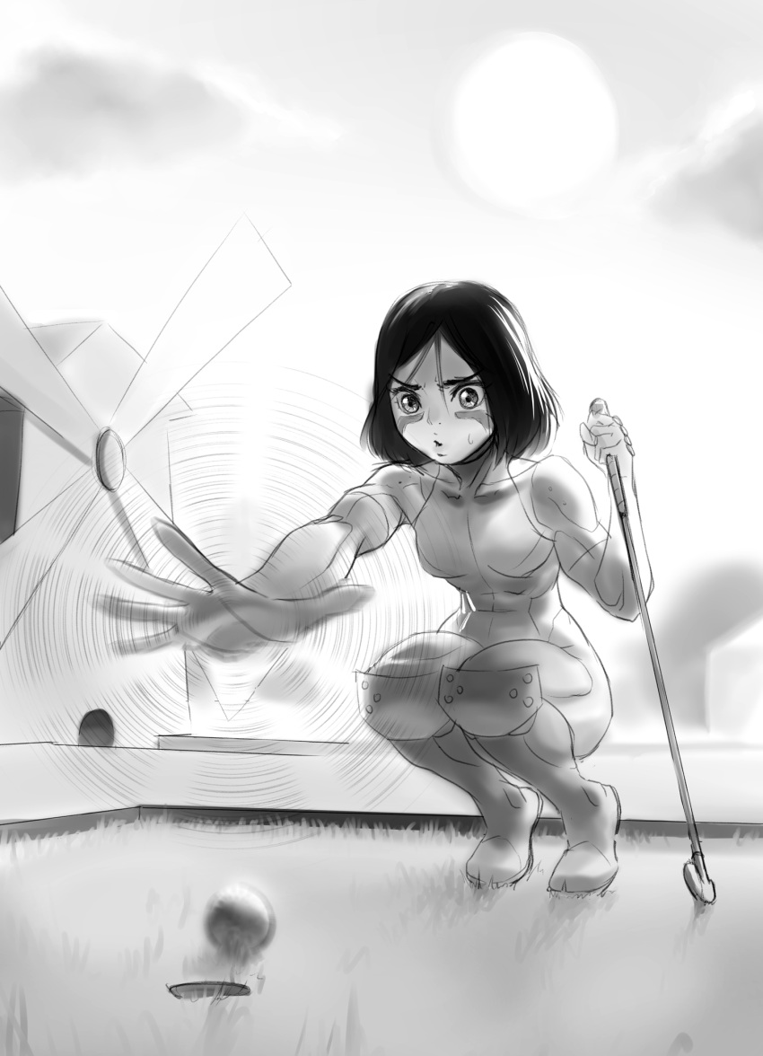 1girl ball bangs cheating_(competitive) commentary cyborg english_commentary gally golf golf_ball golf_club greyscale gunnm highres hole jiffic knee_pads monochrome parted_bangs short_hair sketch solo squatting sweatdrop