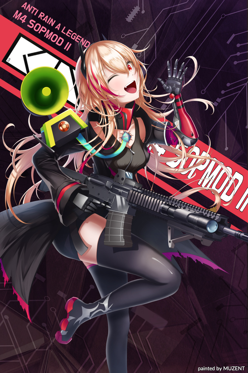 1girl :d ;d absurdres assault_rifle bangs black_coat black_jumpsuit black_legwear blonde_hair boots breasts character_name chest_plate clothes_writing coat eotech gas_mask girls_frontline gun hand_up headgear highres holding holding_gun holding_weapon huge_filesize jumpsuit leg_up logo m4_carbine m4_sopmod_ii m4_sopmod_ii_(girls_frontline) magazine_(weapon) mechanical_arm megaphone mod3_(girls_frontline) multicolored_hair multiple_straps muzent one_eye_closed open_clothes open_coat open_mouth pouch prosthesis prosthetic_arm red_eyes redhead ribbon rifle ro635_(dinergate) short_jumpsuit sidelocks sleeveless_jumpsuit small_breasts smile standing standing_on_one_leg streaked_hair thigh-highs thigh_boots torn_clothes torn_coat torn_jacket trigger_discipline two-tone_hair weapon zettai_ryouiki zipper zipper_pull_tab