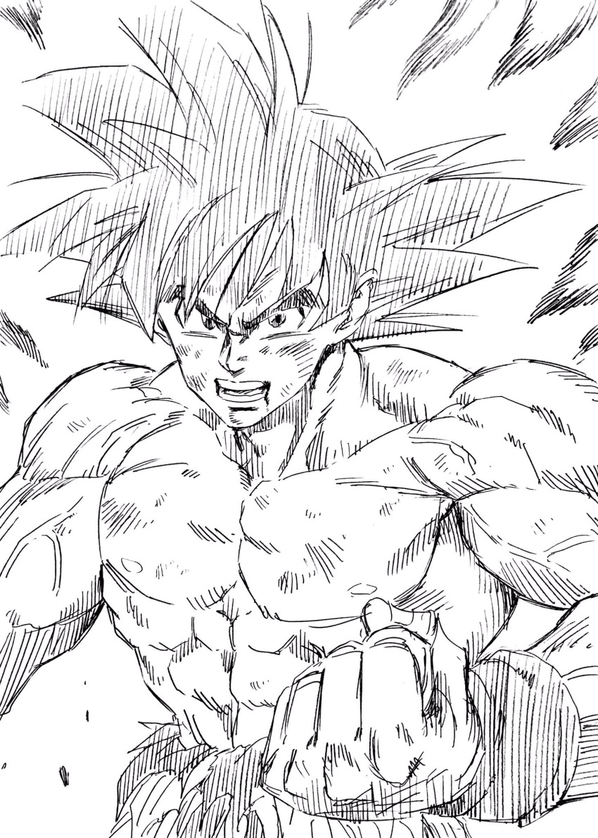 1boy abs black_eyes black_hair clenched_hand commentary_request dirty dirty_clothes dirty_face dragon_ball dragonball_z fighting_stance fingernails frown highres lee_(dragon_garou) looking_at_viewer male_focus monochrome muscle nipples open_mouth shirt shirtless son_gokuu spiky_hair teeth torn_clothes torn_shirt upper_body veins wristband