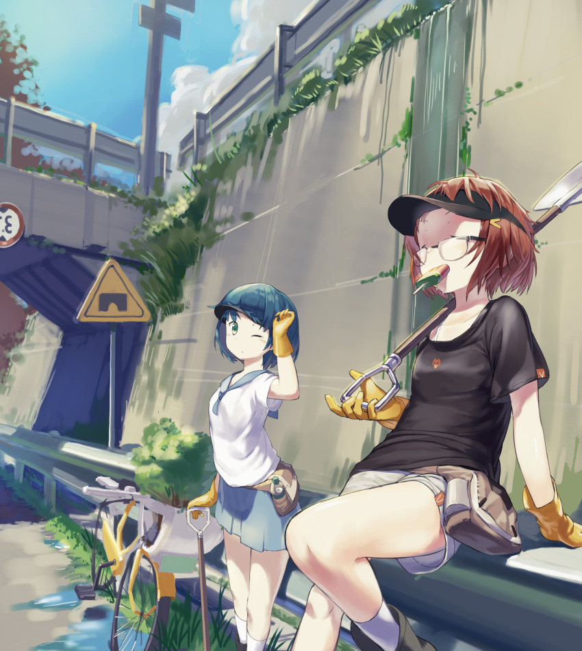 2girls absurdres arm_up blue_hair blue_skirt blush brown_hair closed_eyes closed_mouth day facing_away food glasses gloves graphite_(medium) green_eyes guard_rail highres holding holding_shovel kneehighs multiple_girls one_eye_closed original outdoors popsicle scenery short_hair shovel sitting skirt socks standing traditional_media visor_cap watermelon_bar white_legwear yellow_gloves zhongye_yu