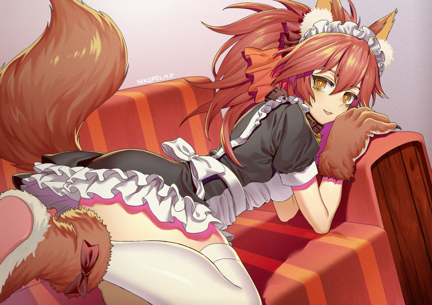 1girl absurdres animal_ears apron black_dress brown_collar brown_footwear brown_gloves commentary_request couch dress fate/grand_order fate_(series) fox_ears fox_girl fox_tail gloves highres huge_filesize maid maid_headdress makise_medaka on_couch paw_gloves paw_shoes paws puffy_short_sleeves puffy_sleeves shoe_soles shoes short_sleeves signature solo tail tail_raised tamamo_(fate)_(all) tamamo_cat_(fate) thigh-highs white_apron white_legwear