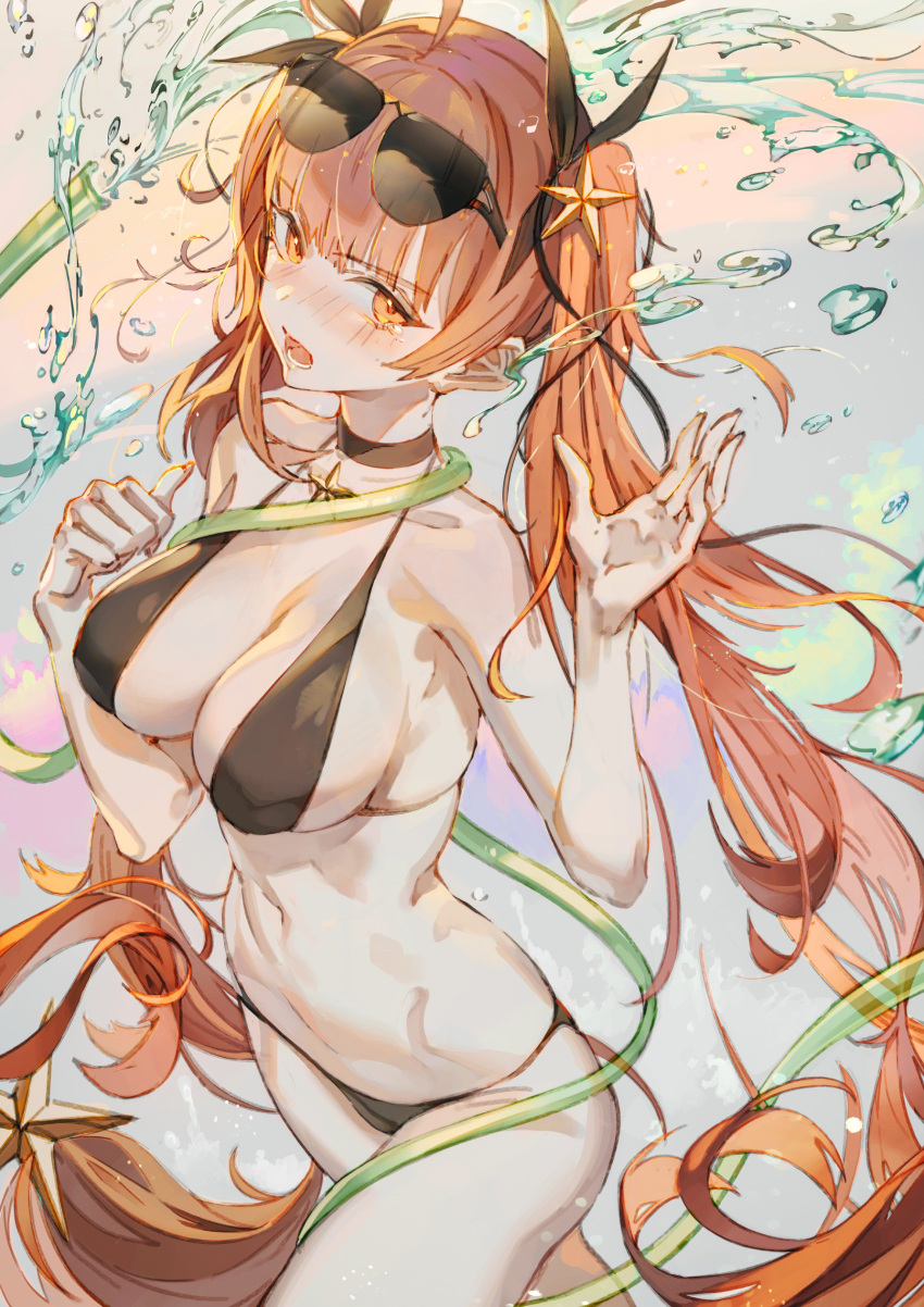 1girl absurdres ahoge azur_lane bangs bikini black_bikini black_choker black_ribbon blunt_bangs blush breasts choker cleavage collarbone eyebrows_visible_through_hair eyewear_on_head hair_ribbon hands_up highres hong honolulu_(azur_lane) hose large_breasts long_hair looking_at_viewer nose_blush open_mouth red_eyes redhead ribbon solo standing sunglasses swimsuit tears teeth thigh-highs tied_hair twintails very_long_hair water