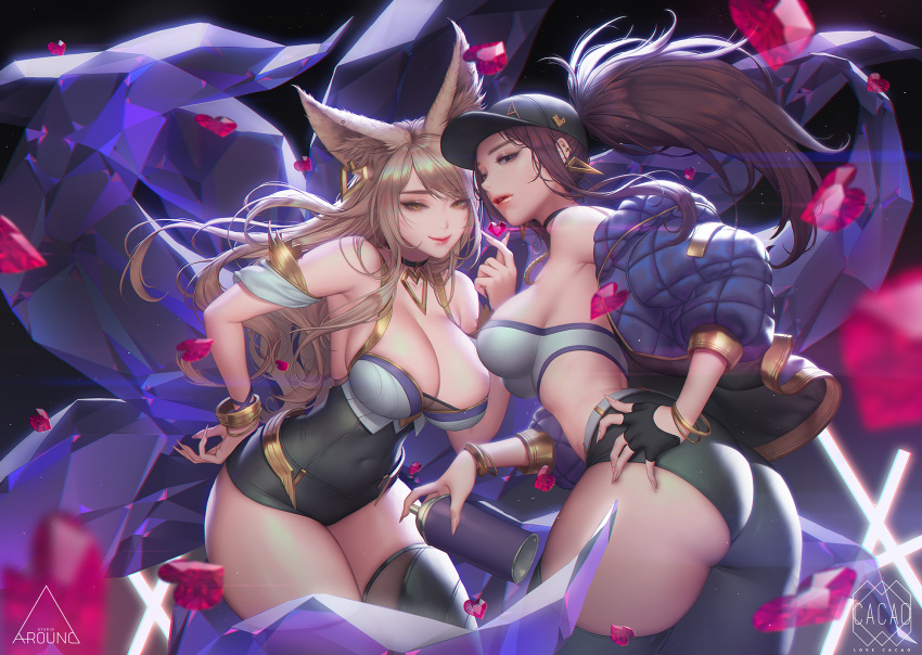 2girls ahri akali animal_ears artist_name ass back bangs bare_shoulders baseball_cap belt black_gloves blonde_hair bracelet breasts can choker cleavage collarbone covered_navel cowboy_shot earrings eyeshadow fingerless_gloves fingernails fox_ears fox_tail gem glint gloves hair_between_eyes hand_on_hip hat heart high_ponytail highres holding holding_can jacket jewelry k/da_(league_of_legends) k/da_ahri k/da_akali large_breasts league_of_legends legs legs_together lipstick long_fingernails long_hair looking_at_viewer love_cacao makeup mask midriff multiple_girls navel open_clothes parted_lips pink_lips ponytail purple_hair red_lips sharp_fingernails sidelocks smile spray_can swept_bangs tail thick_thighs thigh-highs thighs whisker_markings yellow_eyes yuri
