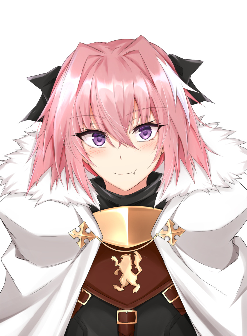1boy absurdres astolfo_(fate) bangs black_bow blush bow cape commentary_request eyebrows_visible_through_hair eyelashes fang_out fate/apocrypha fate_(series) fur_trim hair_between_eyes hair_bow hair_intakes highres looking_at_viewer male_focus multicolored_hair pink_hair piro_(iiiiiiiiii) short_hair simple_background smile solo streaked_hair trap upper_body violet_eyes white_background white_cape white_hair