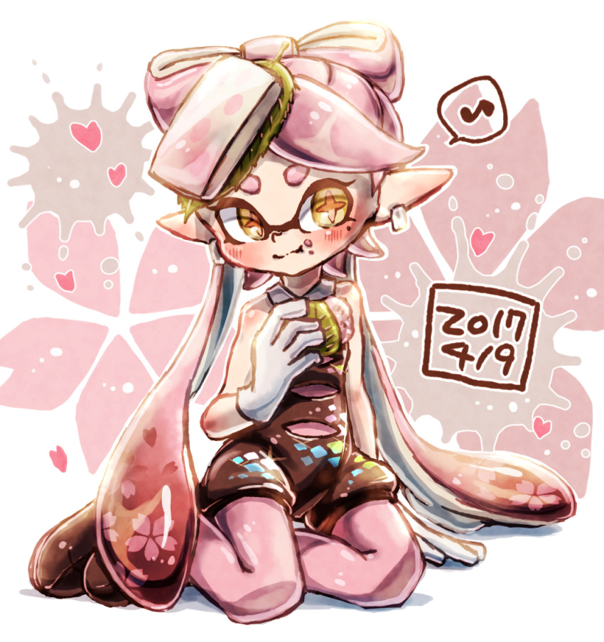 +_+ 1girl :t ankle_boots black_footwear black_hair black_jumpsuit blush boots brown_eyes callie_(splatoon) closed_mouth commentary dated detached_collar domino_mask earrings eating eighth_note food food_on_face food_on_head gloves gradient_hair harutarou_(orion_3boshi) heart holding holding_food jewelry leaf long_hair looking_at_viewer mask mole mole_under_eye multicolored_hair musical_note object_on_head paint_splatter pantyhose petals pink_hair pink_legwear pointy_ears sakura_mochi short_jumpsuit sitting smile solo sparkle splatoon splatoon_(series) splatoon_1 spoken_musical_note strapless tentacle_hair wagashi white_gloves yokozuwari