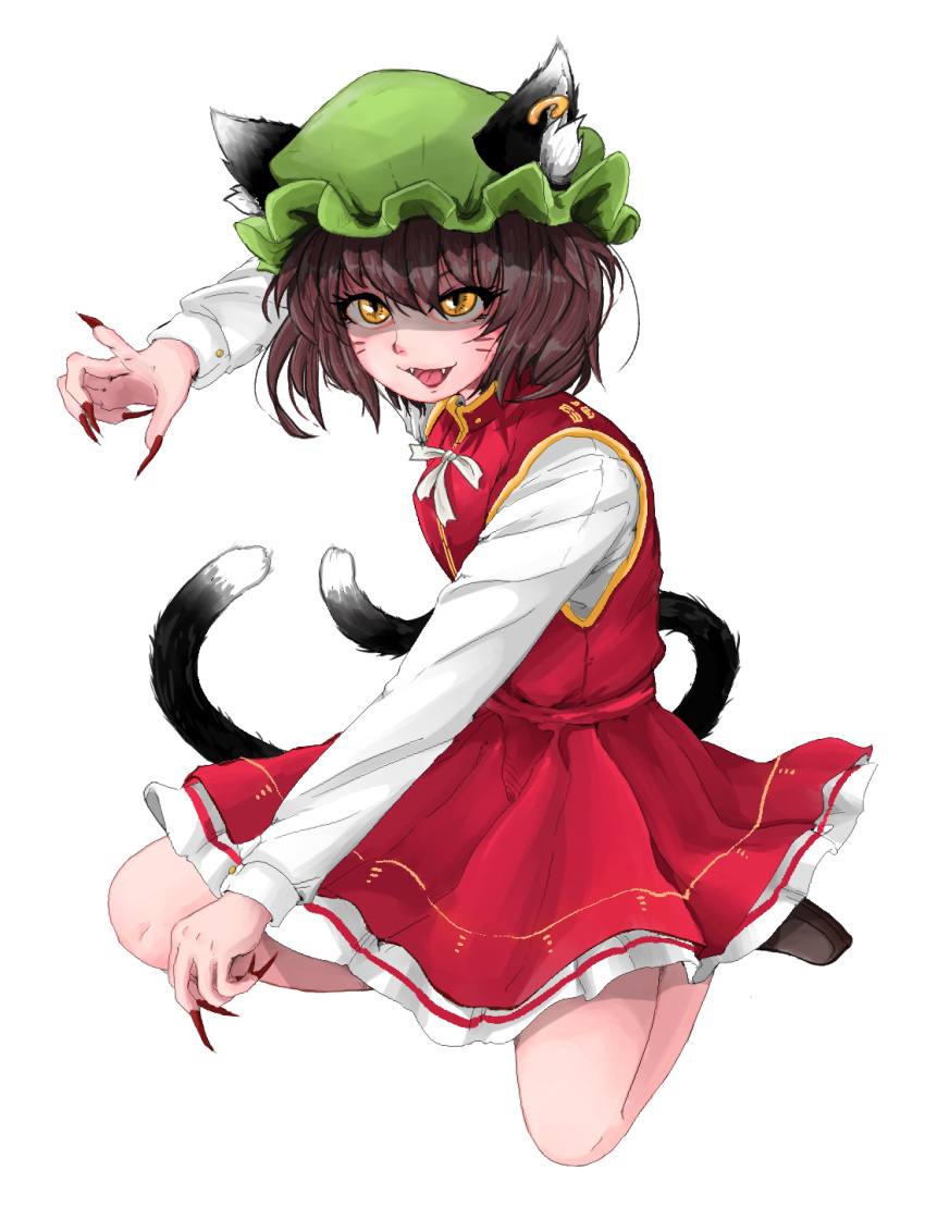 1girl :d animal_ear_fluff animal_ears arm_up bangs breasts brown_footwear brown_hair cat_ears cat_tail chen commentary earrings ears_through_headwear fangs fingernails green_headwear hat highres jewelry long_sleeves minugi mob_cap multiple_tails nail_polish neck_ribbon nekomata open_mouth petticoat red_nails red_skirt red_vest ribbon seiza sharp_fingernails shirt shoes short_hair simple_background sitting skirt small_breasts smile solo tail touhou two_tails vest whisker_markings white_background white_neckwear white_ribbon white_shirt yellow_eyes