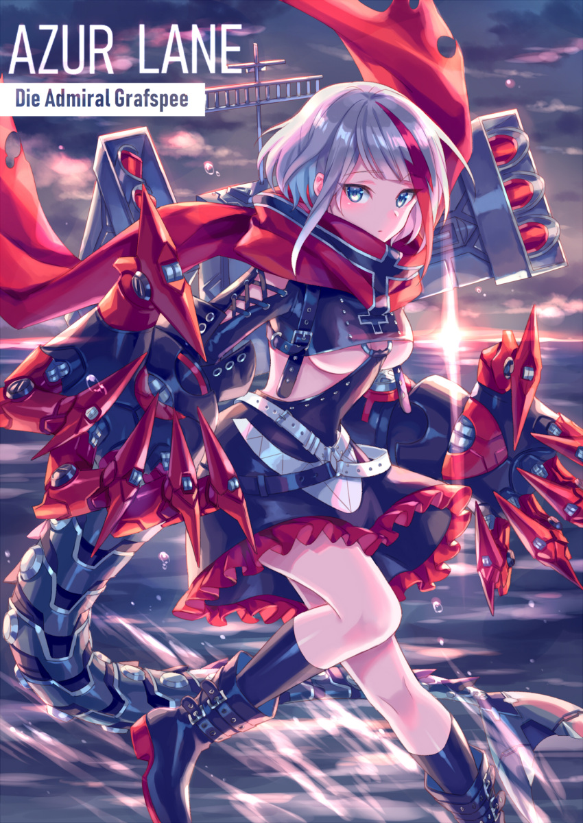 1girl azur_lane belt beltskirt black_belt black_dress black_legwear blue_eyes breasts character_name claws clouds cloudy_sky commentary_request copytright_name dress evening frilled_dress frills german_flag gloves graf_spee_(azur_lane) highres huge_claws iron_cross kneehighs leather leather_belt leather_footwear leather_gloves leather_shirt leather_skirt looking_at_viewer mechanical_gloves mechanical_tail medium_breasts medium_hair multicolored_hair ocean on_water red_scarf scarf shoes sky solo string sunlight sunset tail torpedo_tubes under_boob water weapon weapon_on_back zoff_(daria)