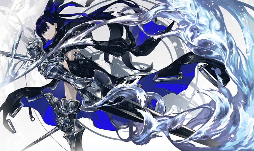 1girl armor armored_boots bangs blue_eyes blue_ribbon blush boots breasts crotch_plate eyebrows_visible_through_hair fate/grand_order fate_(series) hair_ribbon highres kusakanmuri long_hair long_sleeves looking_at_viewer meltlilith purple_hair revealing_clothes ribbon sleeves_past_wrists smile solo thigh-highs very_long_hair