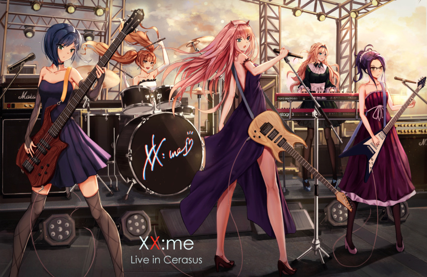 5girls arm_up band bare_shoulders black_footwear black_legwear blonde_hair blue_eyes blue_footwear blue_hair breasts brown_hair choker closed_mouth collarbone darling_in_the_franxx detached_sleeves dress elbow_gloves glasses gloves green_dress green_eyes guitar hand_up high_heels horns ichigo_(darling_in_the_franxx) ikuno_(darling_in_the_franxx) instrument keyboard_(instrument) kneepits kokoro_(darling_in_the_franxx) long_hair medium_breasts microphone miku_(darling_in_the_franxx) multiple_girls music open_mouth outdoors pantyhose pink_hair playing_instrument purple_dress purple_footwear purple_hair semi-rimless_eyewear short_hair short_twintails singing smile stage thigh-highs twintails white_dress yuzuriha zero_two_(darling_in_the_franxx)