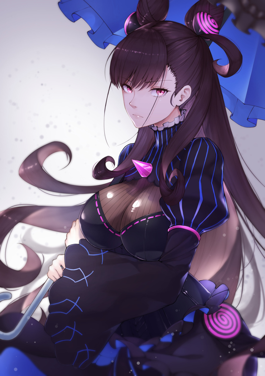 1girl bangs black_dress breasts brown_hair corset double_bun dress eyebrows_visible_through_hair fate/grand_order fate_(series) frills hair_between_eyes highres holding holding_umbrella large_breasts long_hair long_sleeves looking_at_viewer murasaki_shikibu_(fate) puffy_long_sleeves puffy_sleeves scal2let solo spikes striped turtleneck umbrella vertical-striped_dress vertical_stripes very_long_hair violet_eyes wide_sleeves