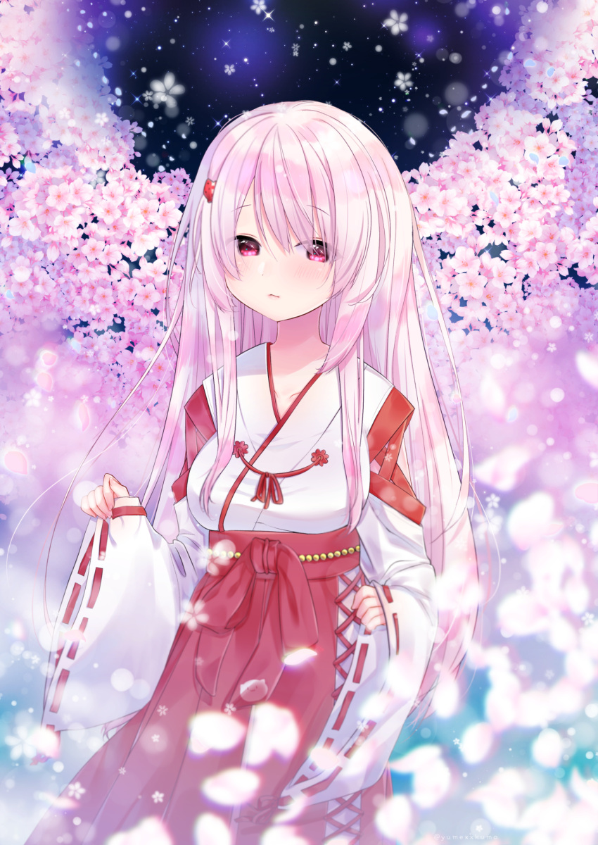 1girl bangs blurry blurry_background blurry_foreground blush breasts cherry_blossoms closed_mouth collarbone commentary_request depth_of_field eyebrows_visible_through_hair fingernails flower hair_between_eyes hair_ornament hakama highres japanese_clothes kimono kuma_no_yume long_hair long_sleeves medium_breasts nijisanji petals pinching_sleeves pink_flower pink_hair red_hakama ribbon-trimmed_sleeves ribbon_trim shiina_yuika sleeves_past_wrists solo sparkle twitter_username very_long_hair violet_eyes virtual_youtuber white_kimono wide_sleeves