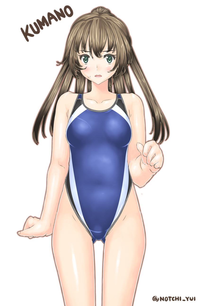 1girl absurdres blue_eyes blue_swimsuit breasts brown_hair character_name collarbone competition_swimsuit cowboy_shot gluteal_fold highleg highleg_swimsuit highres kantai_collection kumano_(kantai_collection) long_hair looking_at_viewer notchi one-piece_swimsuit ponytail simple_background small_breasts solo standing sweat swimsuit white_background