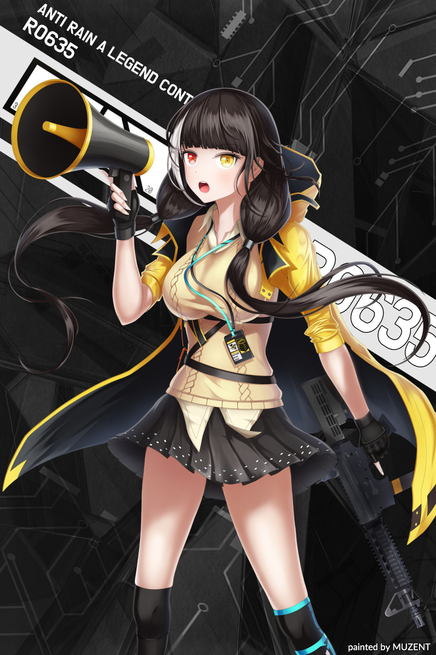 1girl absurdres bangs black_gloves black_hair black_legwear breasts brown_sweater character_name coat collared_coat collared_shirt fingerless_gloves floating_hair girls_frontline gloves gun hair_ornament heterochromia highres holding holding_megaphone holding_weapon huge_filesize jacket knee_pads kneehighs lanyard large_breasts long_hair looking_at_viewer megaphone multicolored_hair multiple_straps muzent name_tag open_clothes open_coat open_mouth orange_eyes pleated_skirt red_eyes ro635 ro635_(girls_frontline) shirt skirt solo streaked_hair submachine_gun sweater sweater_vest thigh-highs trigger_discipline twintails untucked_shirt weapon white_hair wind yellow_coat yellow_eyes yellow_shirt