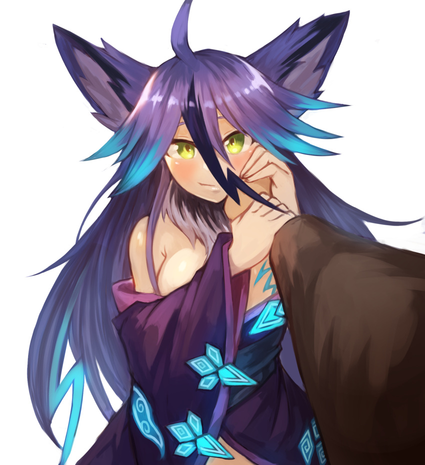 1girl ahoge animal_ear_fluff animal_ears bare_shoulders blue_hair breasts commission fur green_eyes hair_between_eyes hand_on_another's_cheek hand_on_another's_face highres holding_hand japanese_clothes large_breasts long_hair looking_at_viewer monster_girl monster_girl_encyclopedia multicolored_hair off_shoulder pov pov_hands purple_hair raiju_(monster_girl_encyclopedia) simple_background smile solo_focus sookmo white_background wide_sleeves