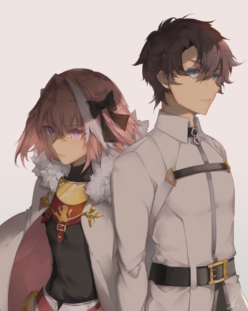 2boys astolfo_(fate) belt belt_buckle black_bow black_ribbon blue_eyes bow brown_hair buckle chaldea_uniform cloak closed_mouth commentary_request eyebrows_visible_through_hair fate/grand_order fate_(series) fujimaru_ritsuka_(male) fur-trimmed_cloak fur_collar fur_trim hair_intakes hair_ribbon highres looking_at_viewer multicolored_hair multiple_boys pink_hair ribbon saihate_(d3) standing streaked_hair trap violet_eyes white_cloak
