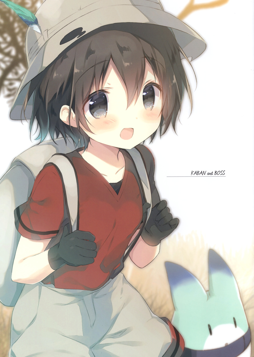 1girl absurdres backpack bag black_gloves black_hair blue_eyes blush cargo_shorts character_name collarbone eyebrows_visible_through_hair feathers gloves helmet highres kaban_(kemono_friends) kemono_friends looking_at_viewer lucky_beast_(kemono_friends) open_mouth pith_helmet red_shirt scan shiratama_(shiratamaco) shirt short_hair shorts smile