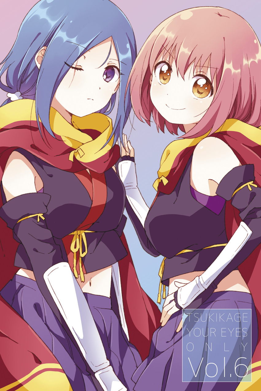 absurdres arm_guards black_gloves blue_hair blush breasts brown_eyes closed_mouth cover cover_page detached_sleeves eyebrows_visible_through_hair fingerless_gloves gloves hair_over_one_eye hand_on_hip hanzoumon_yuki highres long_hair looking_at_viewer medium_breasts minamoto_momo namori navel official_art one_eye_closed pink_hair purple_skirt release_the_spyce short_hair skirt smile violet_eyes