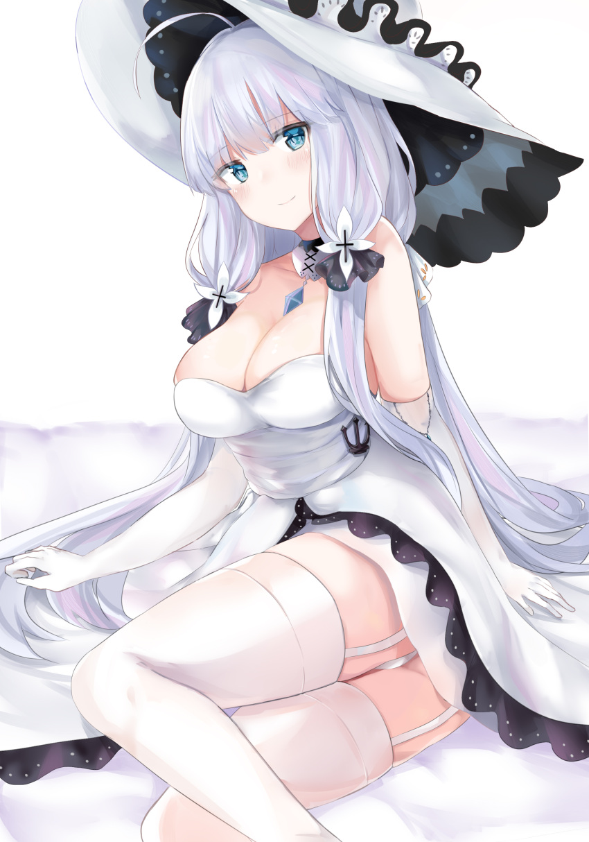 1girl absurdres azur_lane bangs blue_eyes blush breasts cleavage dress elbow_gloves eyebrows_visible_through_hair gloves hair_ornament hat highres illustrious_(azur_lane) lace_trim large_breasts long_hair looking_at_viewer mole mole_under_eye ribbon ru_zhai smile solo strapless strapless_dress sun_hat thigh-highs white_dress white_gloves white_hair white_headwear white_legwear