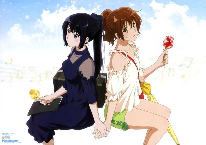 2girls :o absurdres back-to-back bag bangs bare_legs bare_shoulders black_dress black_hair blush breasts brown_hair candy_apple closed_mouth closed_umbrella clouds collarbone couple dress female food green_shorts hair_ornament hair_scrunchie hand_holding handbag hibike!_euphonium highres holding holding_food instrument_case kousaka_reina legs long_hair looking_at_viewer looking_away maruko_tatsunari medium_breasts multiple_girls musical_note neck newtype notebook official_art open_mouth oumae_kumiko ponytail scrunchie see-through see-through_dress short_hair short_sleeves shorts sitting sky small_breasts staff_(music) thighs treble_clef umbrella violet_eyes white_crop_top yellow_eyes yuri