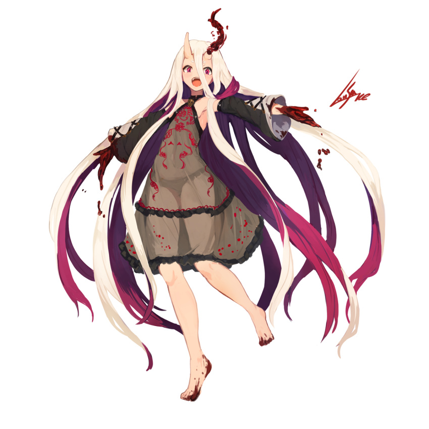 1girl :d armpits bare_shoulders barefoot black_dress black_panties blood blush commentary_request detached_sleeves dress dripping fang frilled_dress frills full_body hair_between_eyes halter_dress hemokinesis highres lansane long_hair long_sleeves looking_at_viewer multicolored_hair oni_horns open_mouth original outstretched_arms panties pink_eyes purple_hair see-through signature simple_background smile solo standing standing_on_one_leg two-tone_hair underwear very_long_hair white_background