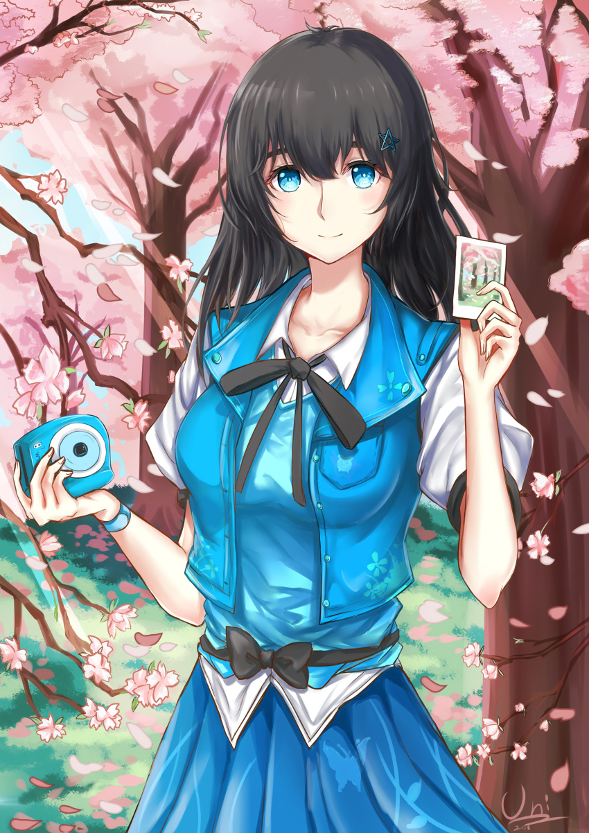 1girl absurdres black_hair black_neckwear blouse blue_eyes blue_jacket blue_skirt blue_vest breasts camera cherry_blossoms collarbone cowboy_shot cropped_jacket day floral_print grass hair_ornament highres jacket medium_breasts medium_hair neck_ribbon older outdoors petals photo_(object) ribbon shiina_mayuri short_sleeves signature skirt smile solo star star_hair_ornament steins;gate sunlight tree unique_(pixiv12704744) vest white_blouse wristband
