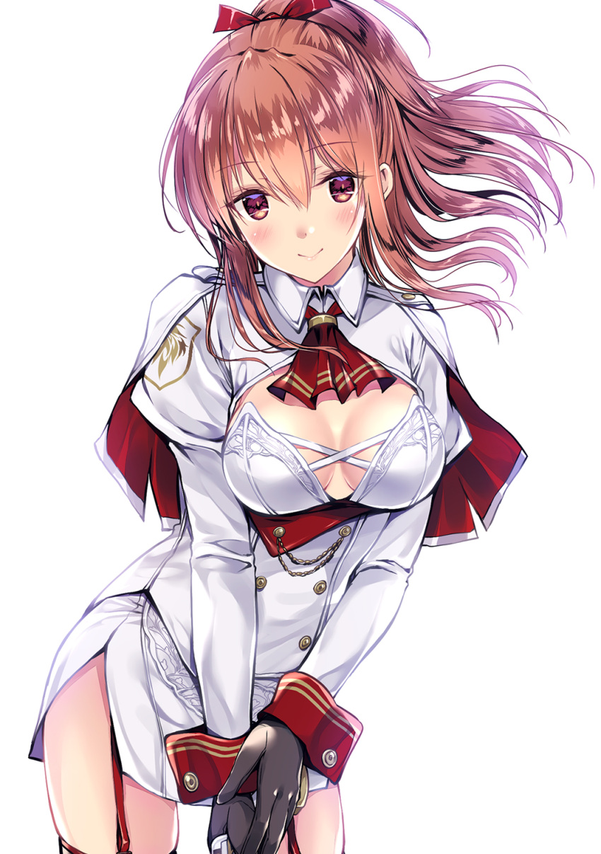 1girl amaete_kuru_toshiue_kyookan_ni_yashinatte_morau_no_wa_yari_sugidesu_ka ascot bangs black_gloves blush breasts brown_eyes brown_hair capelet cleavage_cutout collared_jacket cowboy_shot double-breasted eyebrows_visible_through_hair floating_hair garter_straps gloves hair_between_eyes hair_ribbon highres holding holding_sword holding_weapon jacket juliet_sleeves kobayashi_chisato large_breasts long_hair long_sleeves looking_at_viewer mia_samuel official_art ponytail puffy_sleeves red_neckwear red_ribbon ribbon sidelocks simple_background skirt solo sword thigh-highs uniform weapon white_background white_jacket white_skirt