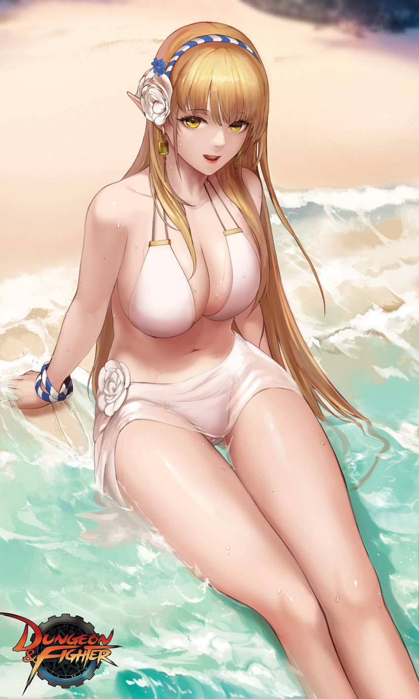 1girl :d absurdres arm_support bangle bare_arms bare_legs bare_shoulders beach bikini blonde_hair bracelet breasts check_character cleavage collarbone day dungeon_and_fighter earrings female_gunner_(dungeon_and_fighter) flower hair_flower hair_ornament hairband halter_top halterneck highres jewelry large_breasts long_hair looking_at_viewer monaim navel open_mouth outdoors sand sarong sitting smile solo stomach swimsuit thighs very_long_hair water watermark wet white_bikini white_flower yellow_eyes