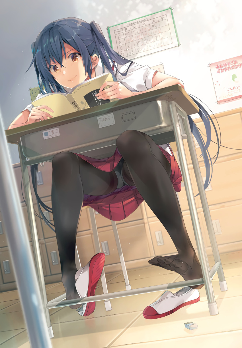 1girl black_hair black_legwear black_panties book brown_eyes chair classroom closed_mouth collared_shirt day dutch_angle eraser feet hair_between_eyes highres holding holding_book indoors loafers locker miniskirt open_book original panties pantyhose reading red_skirt scan school school_uniform shirt shoe_dangle shoes shoes_removed short_sleeves sidelocks sitting skirt smile solo table taira_tsukune toes twintails underwear white_footwear white_shirt