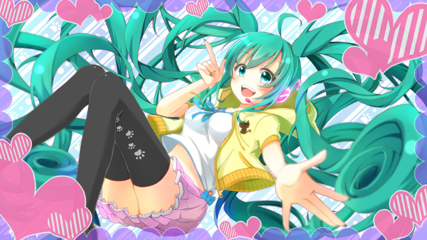 1girl :d absurdly_long_hair aoi_(kiyokiyoaomushi) black_legwear blue_ribbon cardigan floating_hair green_eyes green_hair green_nails hatsune_miku headphones headset heart highres hood hood_down hooded_cardigan index_finger_raised long_hair microphone midriff miniskirt nail_polish neck_ribbon open_cardigan open_clothes open_mouth outstretched_arm outstretched_hand pink_skirt pleated_skirt ribbon shirt short_sleeves skirt smile stomach striped striped_background thigh-highs twintails very_long_hair vocaloid white_shirt yellow_cardigan zettai_ryouiki