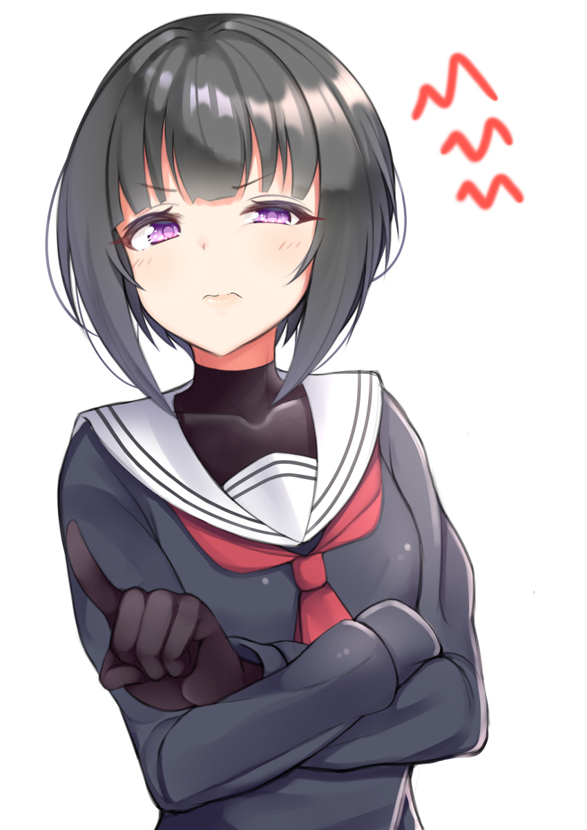 1girl absurdres annoyed bangs black_gloves black_hair black_serafuku bob_cut closed_mouth commentary_request covered_collarbone crossed_arms eyebrows_visible_through_hair frown gloves h3po4_chiba head_tilt highres idolmaster idolmaster_cinderella_girls idolmaster_cinderella_girls_starlight_stage index_finger_raised long_sleeves looking_at_viewer neckerchief red_neckwear school_uniform serafuku shiny shiny_hair shirayuki_chiyo short_hair sidelocks simple_background solo turtleneck upper_body v-shaped_eyebrows violet_eyes white_background