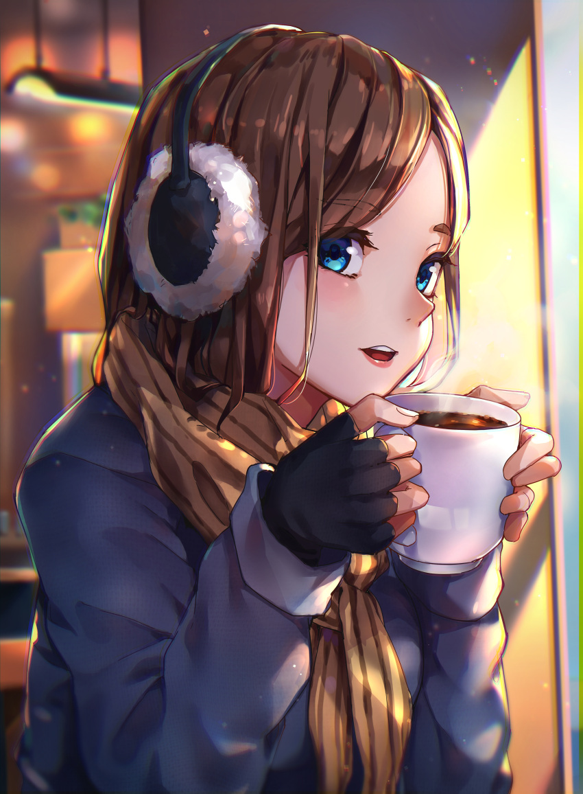 1girl absurdres bangs black_gloves blue_eyes brown_hair coffee coffee_mug commentary cup earmuffs fingerless_gloves gloves highres huge_filesize lips looking_at_viewer medium_hair mr.lime mug original parted_bangs parted_lips scarf soft_focus solo winter
