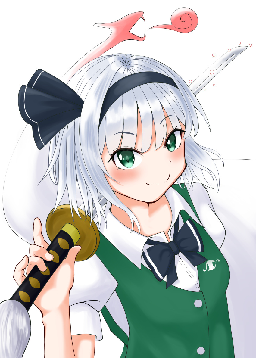 \m/ absurdres arm_up black_neckwear blush bow bowtie breasts commentary_request dragon eyebrows_visible_through_hair green_eyes green_vest hair_between_eyes hair_ribbon hand_on_hilt head_tilt highres katana konpaku_youmu konpaku_youmu_(ghost) looking_at_viewer puffy_short_sleeves puffy_sleeves ribbon shiromuji shirt short_sleeves silver_hair simple_background small_breasts smile sword touhou upper_body vest weapon white_background white_shirt wily_beast_and_weakest_creature