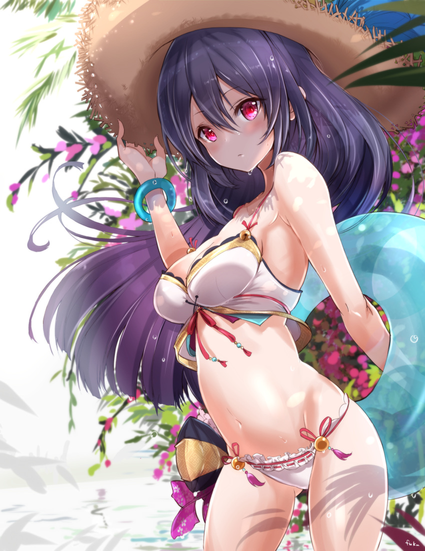 1girl armpits artist_name bangle bangs bare_arms bare_shoulders bikini blue_hair blush bracelet breasts cleavage closed_mouth cowboy_shot floating_hair frills fuku_kitsune_(fuku_fox) gluteal_fold groin hair_between_eyes hand_on_headwear hat highres innertube jewelry kasumi_(shironeko_project) leaf long_hair looking_at_viewer medium_breasts navel pink_eyes plant shironeko_project sidelocks solo standing stomach straw_hat swimsuit thighs wet white_bikini