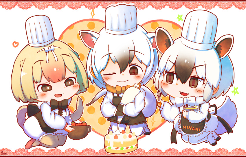 3girls animal_ears bangs black_eyes black_hair blonde_hair blush bow bowtie cake chef_hat chibi commentary_request extra_ears eyebrows_visible_through_hair food fur_collar hair_between_eyes hat highres kemono_friends multiple_girls one_eye_closed rakugakiraid silky_anteater_(kemono_friends) simple_background southern_tamandua_(kemono_friends) tail v-shaped_eyebrows white_background white_hair