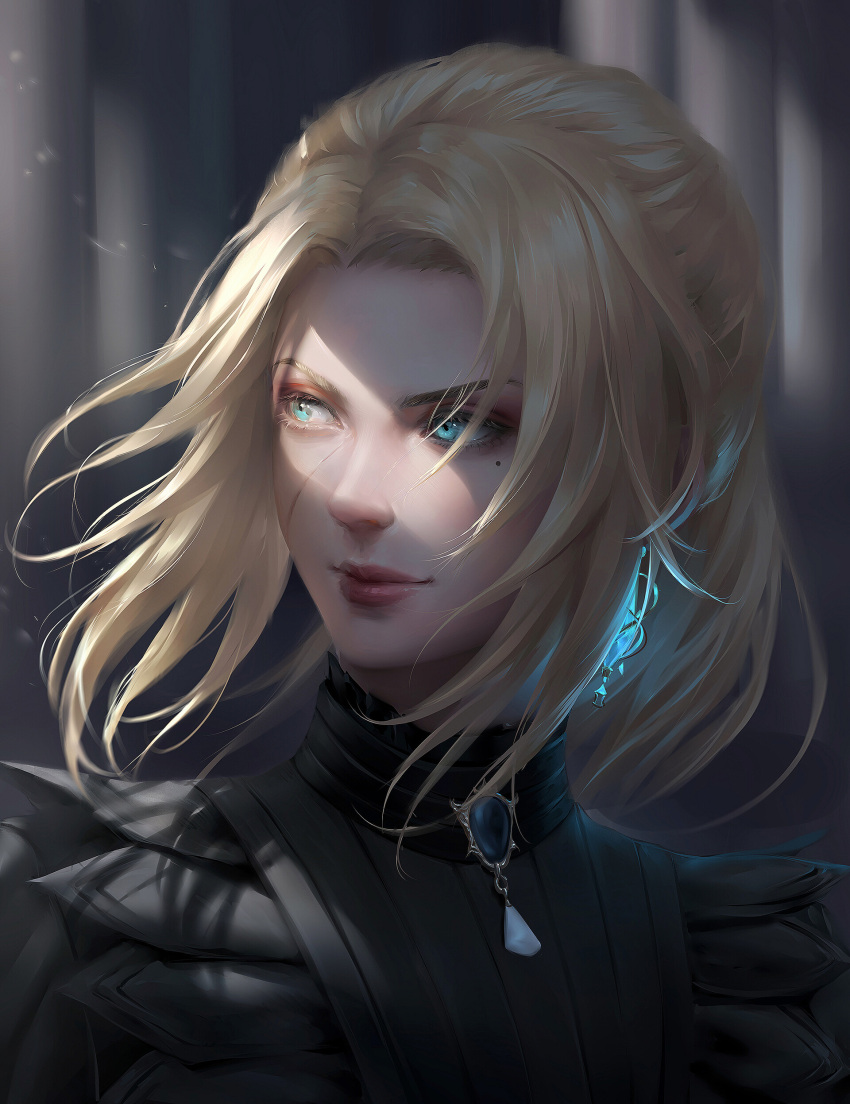 1girl absurdres blonde_hair blurry blurry_background chuby_mi close-up closed_mouth crystal_earrings earrings face facial_scar final_fantasy final_fantasy_xiv highres hyur jewelry light_rays lips looking_to_the_side mole mole_under_eye portrait scar scar_on_cheek short_hair solo sunbeam sunlight wind