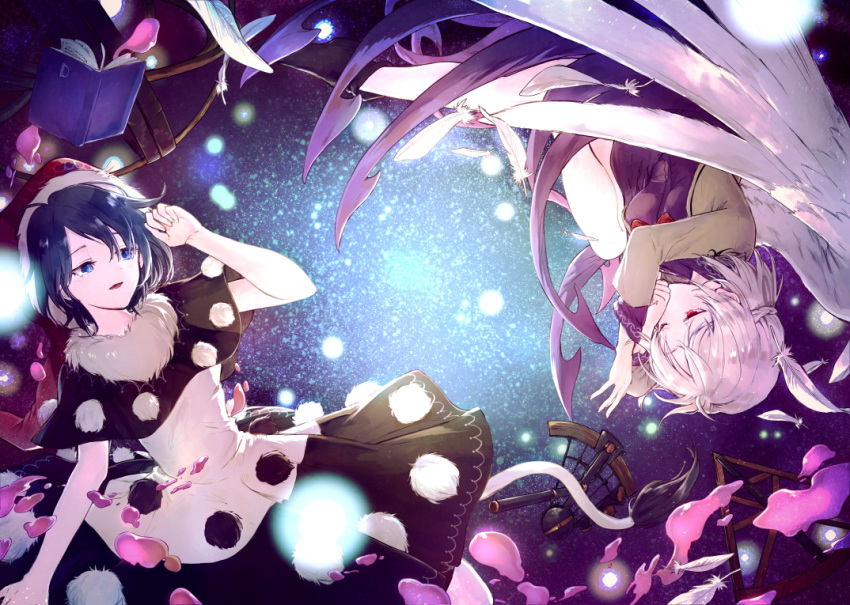 2girls black_capelet black_dress blob blue_eyes blue_hair book braid brown_jacket capelet commentary_request doremy_sweet dress feathered_wings feathers feet_out_of_frame french_braid fur_trim hand_up hat hisona_(suaritesumi) jacket kishin_sagume long_sleeves multicolored multicolored_clothes multicolored_dress multiple_girls nightcap open_clothes open_jacket parted_lips pom_pom_(clothes) purple_dress red_eyes red_headwear short_hair silver_hair single_wing smile tail tapir_tail touhou upside-down white_dress wings