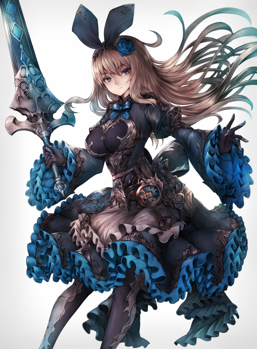 1girl armor armored_dress bangs belt black_gloves blue_eyes blue_flower blue_neckwear blue_ribbon blue_rose bow bowtie breasts brown_hair claymore_(sword) clock dress expressionless eyebrows_visible_through_hair floating_hair flower frilled_dress frills gloves grey_background hair_between_eyes hair_flower hair_ornament hair_ribbon hairband highres holding holding_sword holding_weapon inaba_sunimi large_breasts layered_dress long_hair long_sleeves looking_at_viewer original pantyhose purple_legwear ribbon rose sidelocks simple_background solo sword weapon