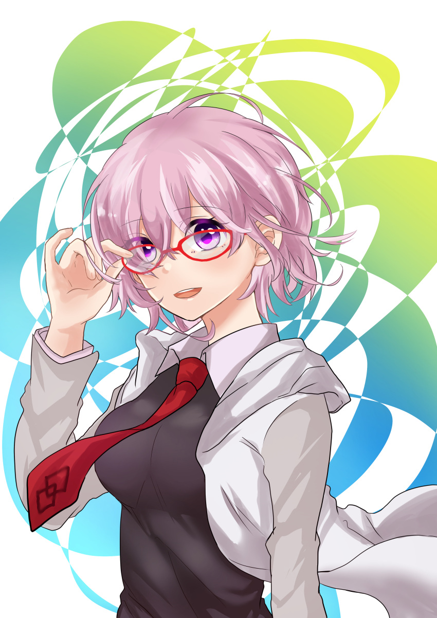 1girl :d absurdres adjusting_eyewear black_vest fate/grand_order fate_(series) glasses hand_up highres koto00 long_sleeves looking_at_viewer mash_kyrielight necktie open_mouth pink_hair red-framed_eyewear red_neckwear simple_background smile solo standing upper_body vest violet_eyes