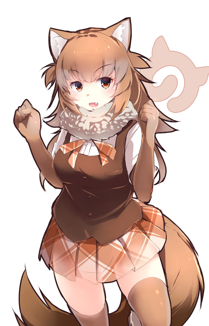 1girl absurdres animal_ears arms_up blush breasts brown_eyes brown_gloves brown_hair brown_legwear brown_skirt dhole_(kemono_friends) elbow_gloves eyebrows_visible_through_hair fang gloves highres japari_symbol kanzakietc kemono_friends large_breasts long_hair looking_at_viewer open_mouth simple_background skirt smile solo tail thigh-highs white_background