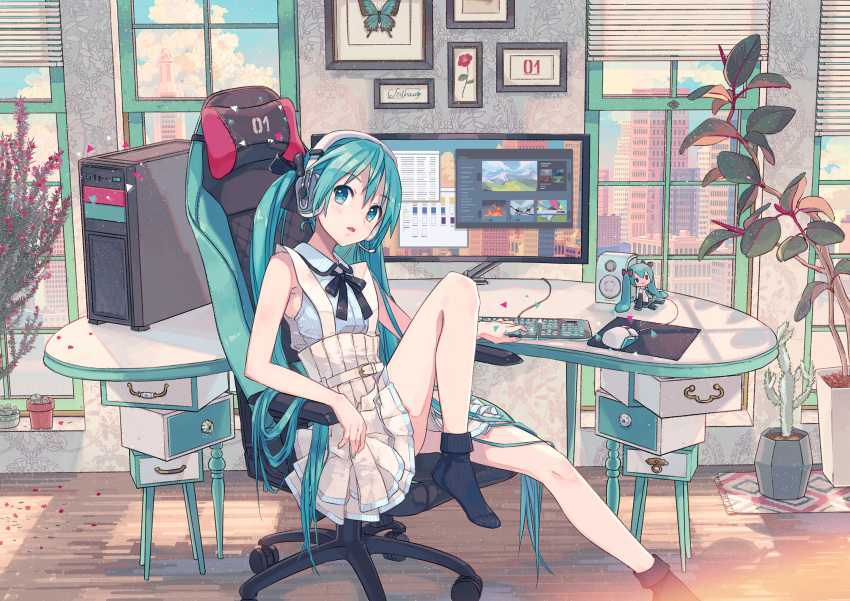 1girl alternate_costume aqua_eyes aqua_hair black_legwear blinds bow bowtie bug butterfly cactus chair chibi city clouds collaboration computer computer_tower dress eyebrows_visible_through_hair figure flower green_eyes green_hair hair_between_eyes hatsune_miku headphones headset highres indoors insect ixima keyboard_(computer) leg_up long_hair looking_at_viewer monitor mouse_(computer) office_chair parted_lips picture_(object) plant pleated_skirt potted_plant ribbon sitting skirt socks solo speaker suspender_skirt suspenders twintails very_long_hair vocaloid window