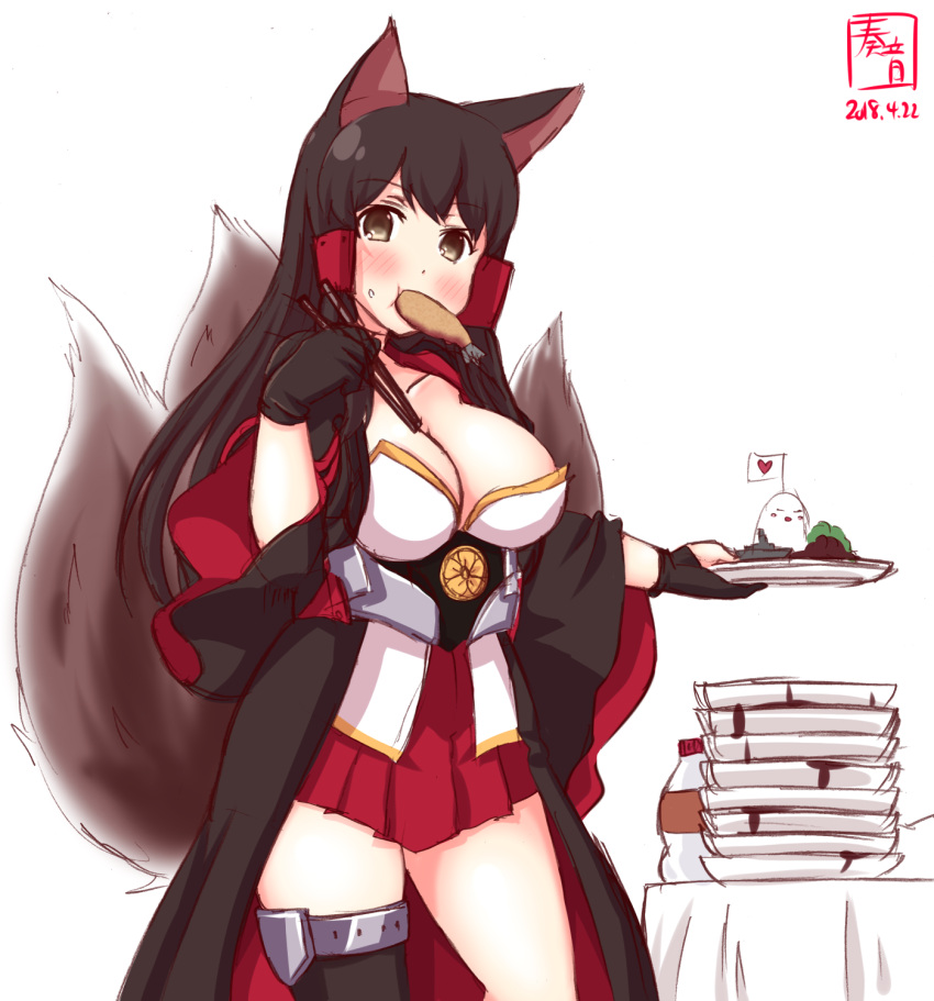 1girl akagi_(azur_lane) akagi_(azur_lane)_(cosplay) akagi_(kantai_collection) animal_ears artist_name asymmetrical_legwear azur_lane black_gloves black_hair black_kimono black_legwear breasts brown_eyes cleavage commentary_request contrapposto cosplay cowboy_shot crest dated eating food food_in_mouth fox_ears fox_girl fox_tail gloves hakama_skirt highres japanese_clothes kanon_(kurogane_knights) kantai_collection kimono kitsune large_breasts long_hair looking_at_viewer mouth_hold multiple_tails namesake partly_fingerless_gloves plate red_skirt shrimp shrimp_tempura simple_background single_thighhigh skirt solo straight_hair table tail tempura thigh-highs white_background