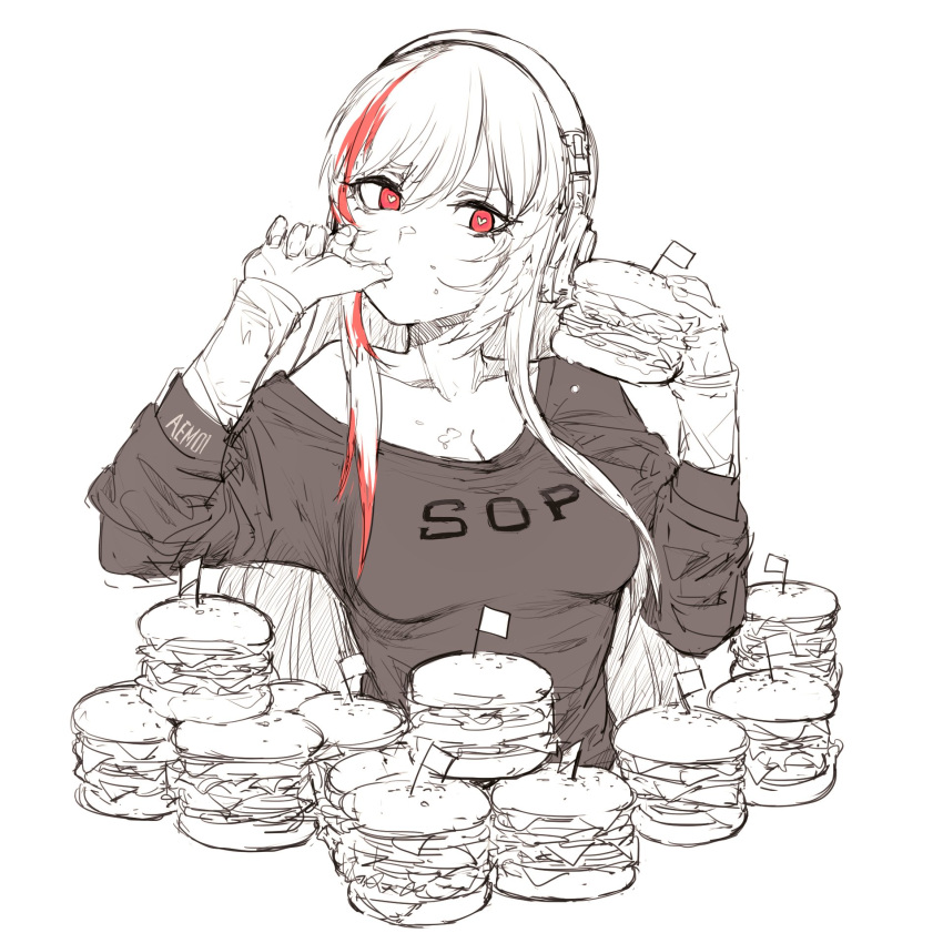 1girl alma01 breasts cleavage engrish_commentary finger_licking food girls_frontline greyscale hamburger headphones heart heart-shaped_pupils highres licking long_hair long_sleeves m4_sopmod_ii_(girls_frontline) medium_breasts monochrome multicolored_hair off_shoulder red_eyes sidelocks simple_background solo spot_color streaked_hair symbol-shaped_pupils upper_body white_background