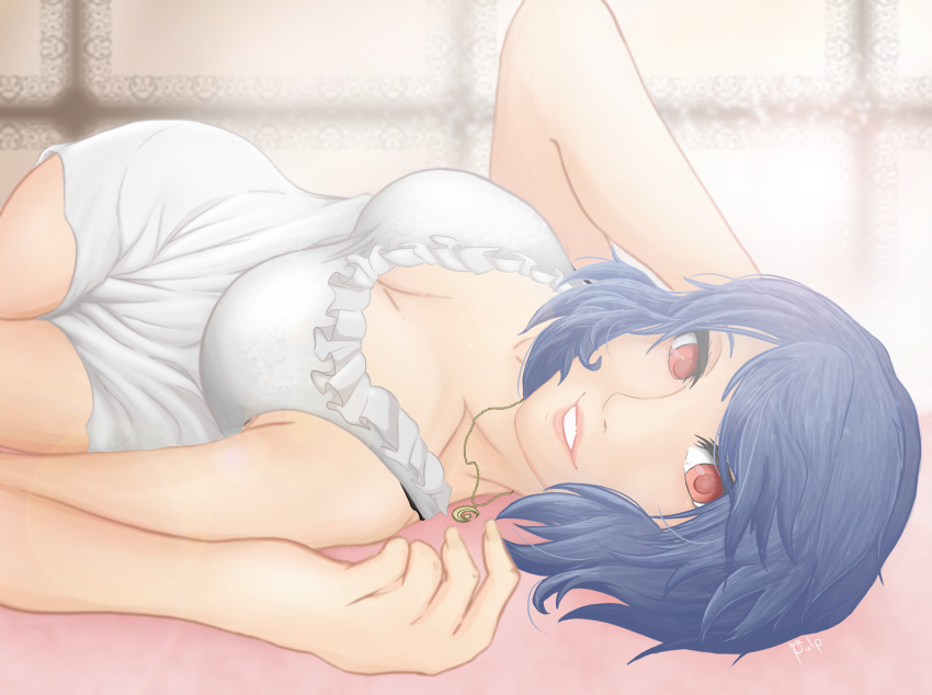 1girl absurdres blue_hair breasts cleavage domestic_na_kanojo highres looking_at_viewer md5_mismatch medium_breasts red_eyes short_hair smile solo tachibana_rui