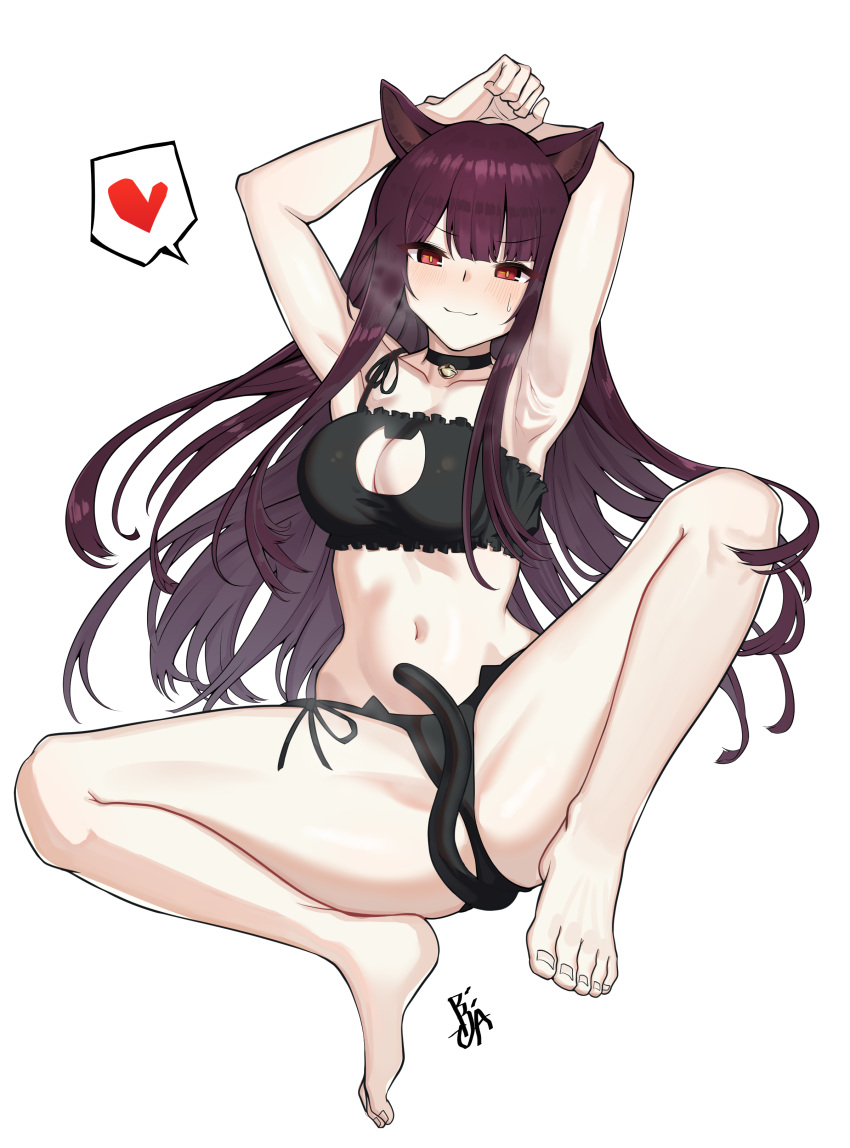 1girl absurdres animal_ears armpits arms_up bangs bare_legs barefoot be_garam bell bell_choker black_panties blush bra breasts cat_cutout cat_ear_panties cat_ears cat_lingerie choker cleavage cleavage_cutout eyebrows_visible_through_hair girls_frontline heart highres jingle_bell large_breasts lingerie long_hair looking_at_viewer meme_attire navel panties purple_hair red_eyes ribbon side-tie_panties signature simple_background sitting solo spoken_heart spread_legs stomach sweatdrop tail thighs toes underwear underwear_only very_long_hair wa2000_(girls_frontline) white_background