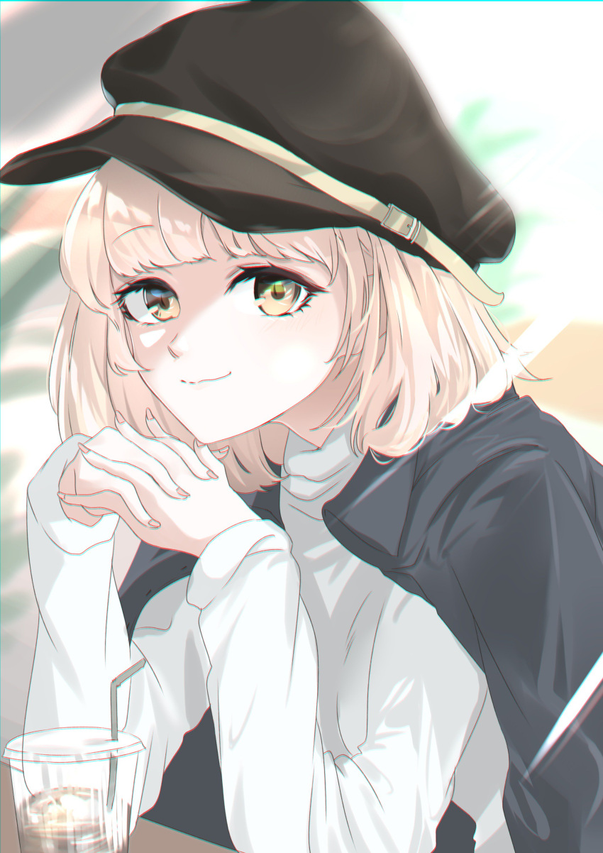 1girl 7-eleven absurdres bangs blonde_hair bunches cafe chair circle_k_sunkus closed_mouth coffee cup drink drinking_glass drinking_straw eyebrows_visible_through_hair food hat highres indoors jacket_on_shoulders looking_at_viewer matsunaga777 naruse_yuu open_eyes shop short_hair simple_background sitting smile solo sweatshirt table watashi_ga_motenai_no_wa_dou_kangaetemo_omaera_ga_warui! window